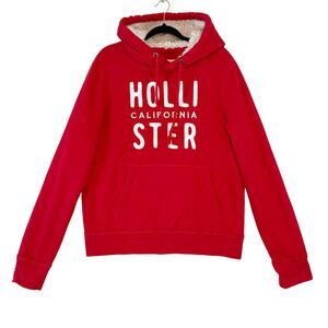 Y2K Hollister Hoodie Sweatshirt Men's XL Red Sherpa Hood Vintage Preppy Surf